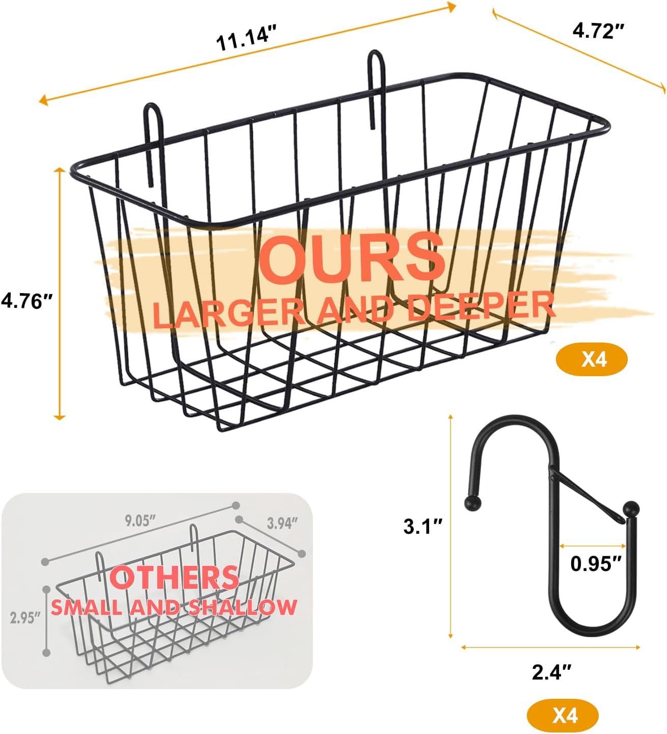 4 Pack Large Grid Wall Baskets with S-Hook - Gridwall Accessories Set Black Metal Hanging Shelf Basket Bins Organizer - Modular Storage Holders for Photo Display Panel Shelving Caddy for Garage