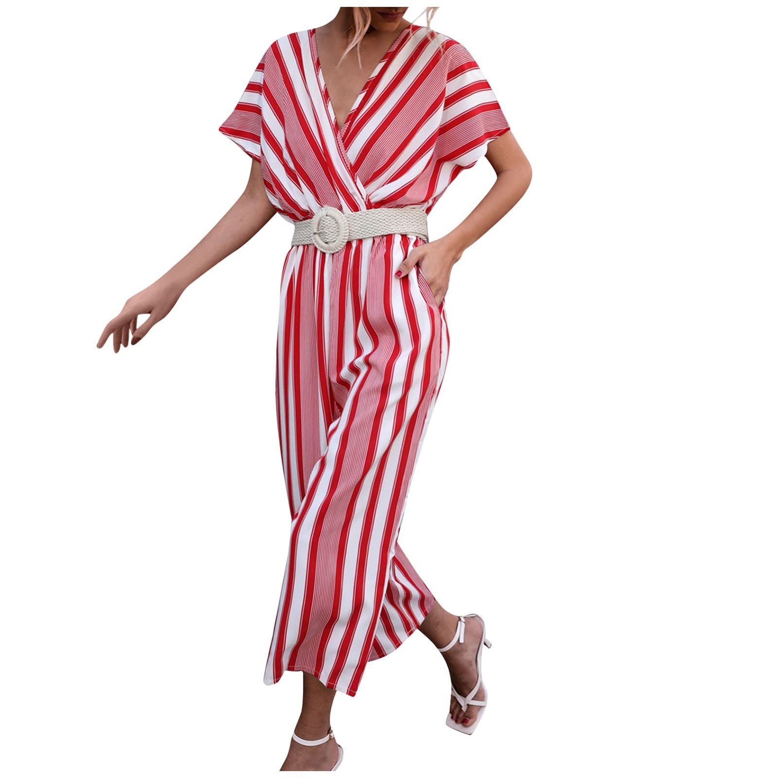 JERFERWomen's Summer Striped Wide Leg Jumpsuit Short Sleeved V-Neck Contrast Stitching Casual Romper Playsuit