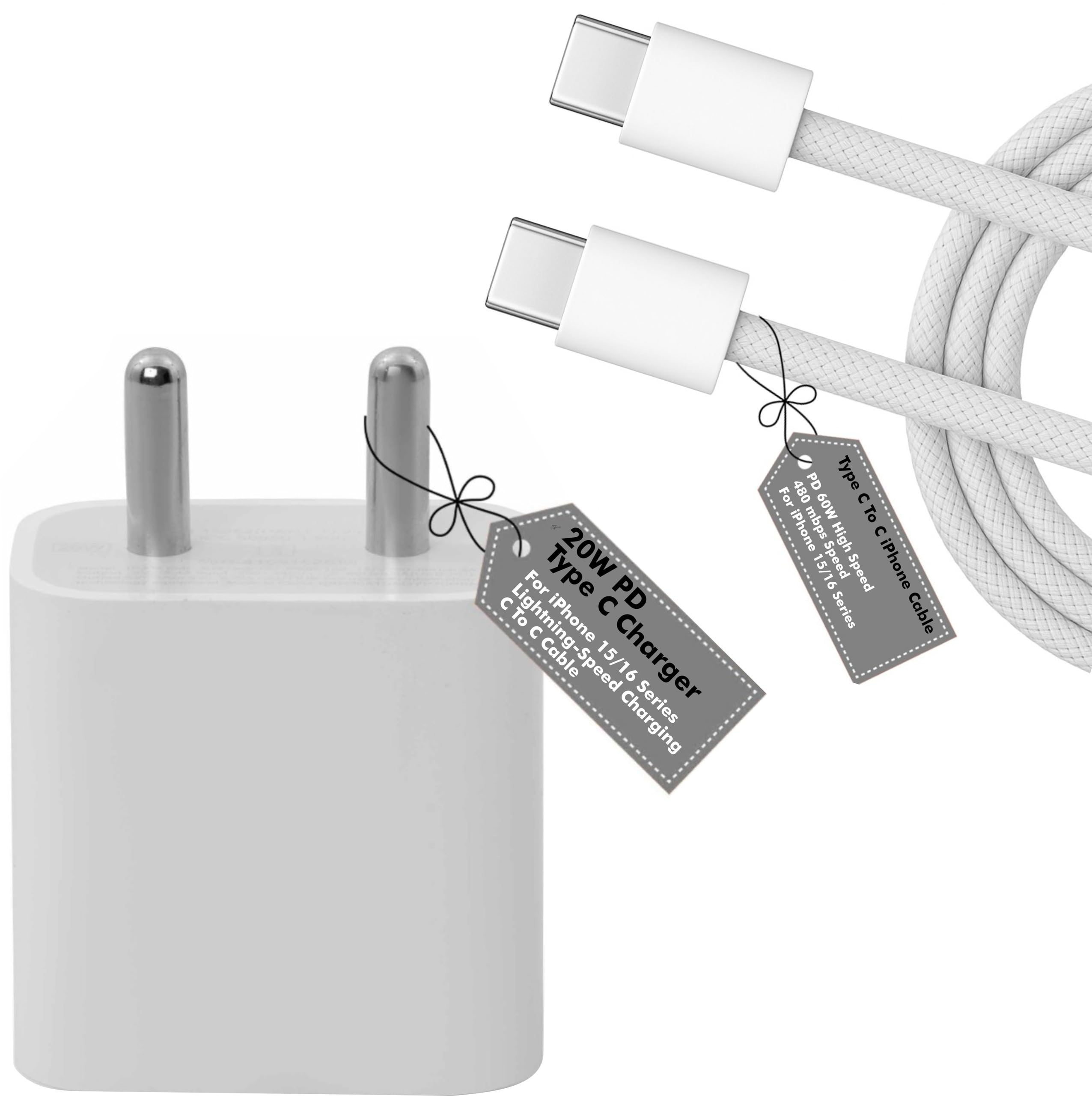 20W PD USB-C Fast Charger with C to C Braided Cable | for iPhone 16 15 Series iPad Pro Air 5 Mini iPad 10th Gen | Supports Up to 27W | Original Charging Speed