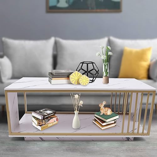 Miniatura 2 de Mesa de centro de mármol, mesa de centro moderna de mármol sintético de 2 niveles, mesa auxiliar rectangular con marco de metal dorado, mesa de café