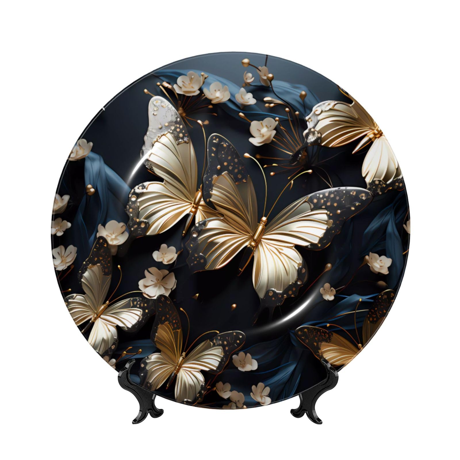 SXZVVBN Gold White Butterflies Black Bone China Decorative Plate Art with Stand Removable Adhesive Hanging for Home Office 10in（25cm）