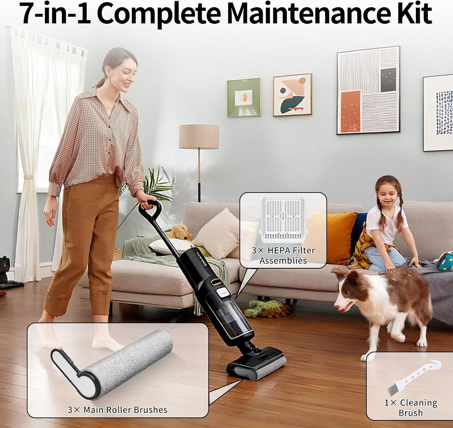7-Piece Replacement Parts Kit Compatible with Roborock F25 Series,F25 Ultra/GT/Combo/ACE/ACE Combo/ALT/LT/RT/BX/XT Wet Dry Vacuum,3 Anti-Tangle Roller Brushes,3 Washable HEPA Filters,1 Cleaning Brush