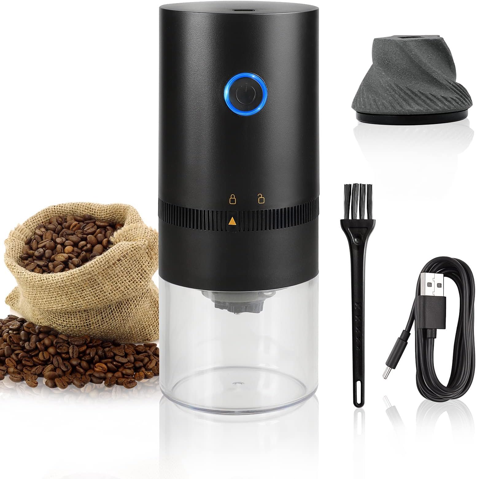 Portable Electric Burr Coffee Grinder, 4 Cups Small Automatic Conical Burr Grinder Coffee Bean Grinder with Muli Grind Setting, USB Rechargeable, Cleaning Brush Included, Black