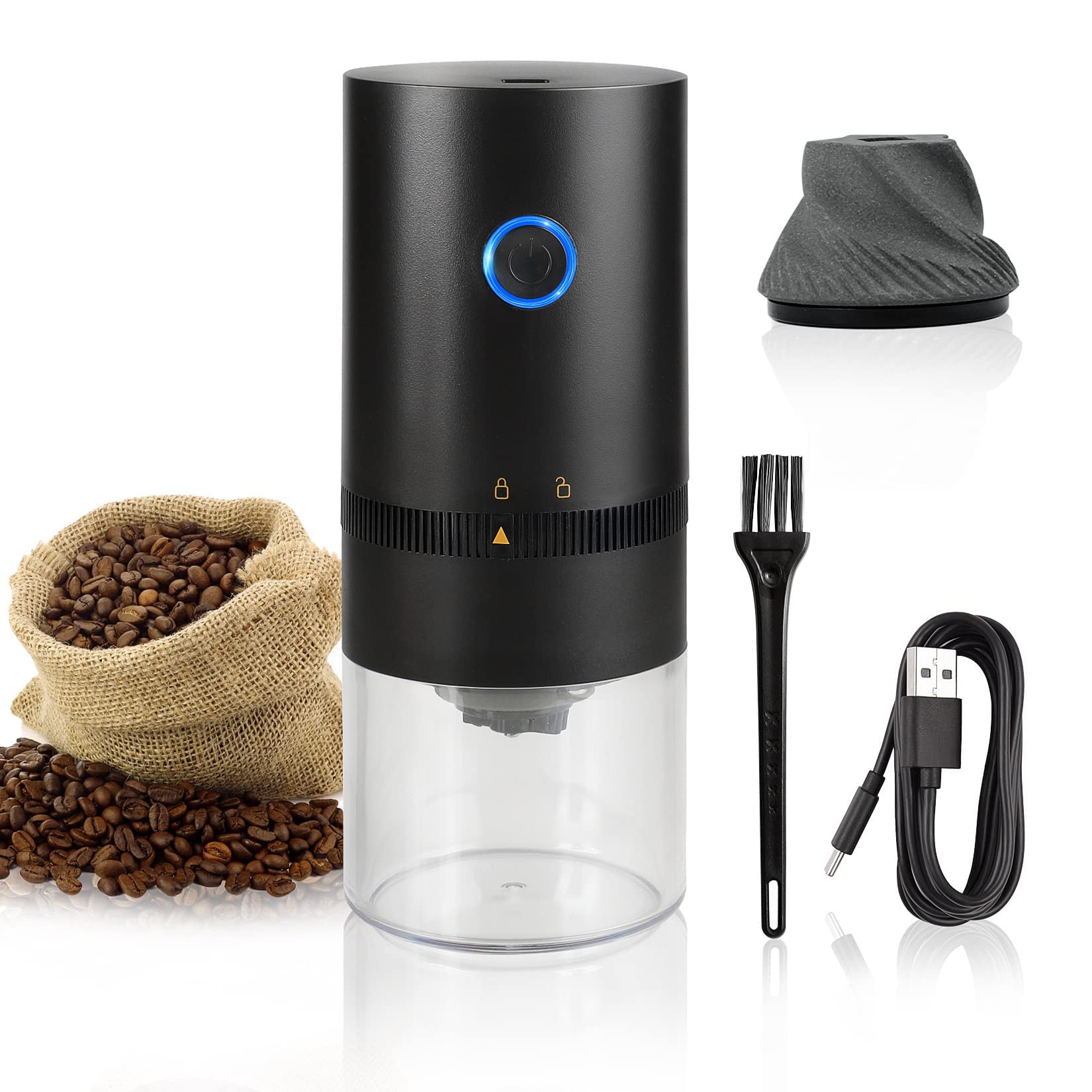 MAKINGTEC Portable Electric Burr Coffee Grinder, 4 Cups Small Automatic Conical Burr Grinder Coffee Bean Grinder with Muli Grind Setting, USB Rechargeable, Cleaning Brush Included, Black