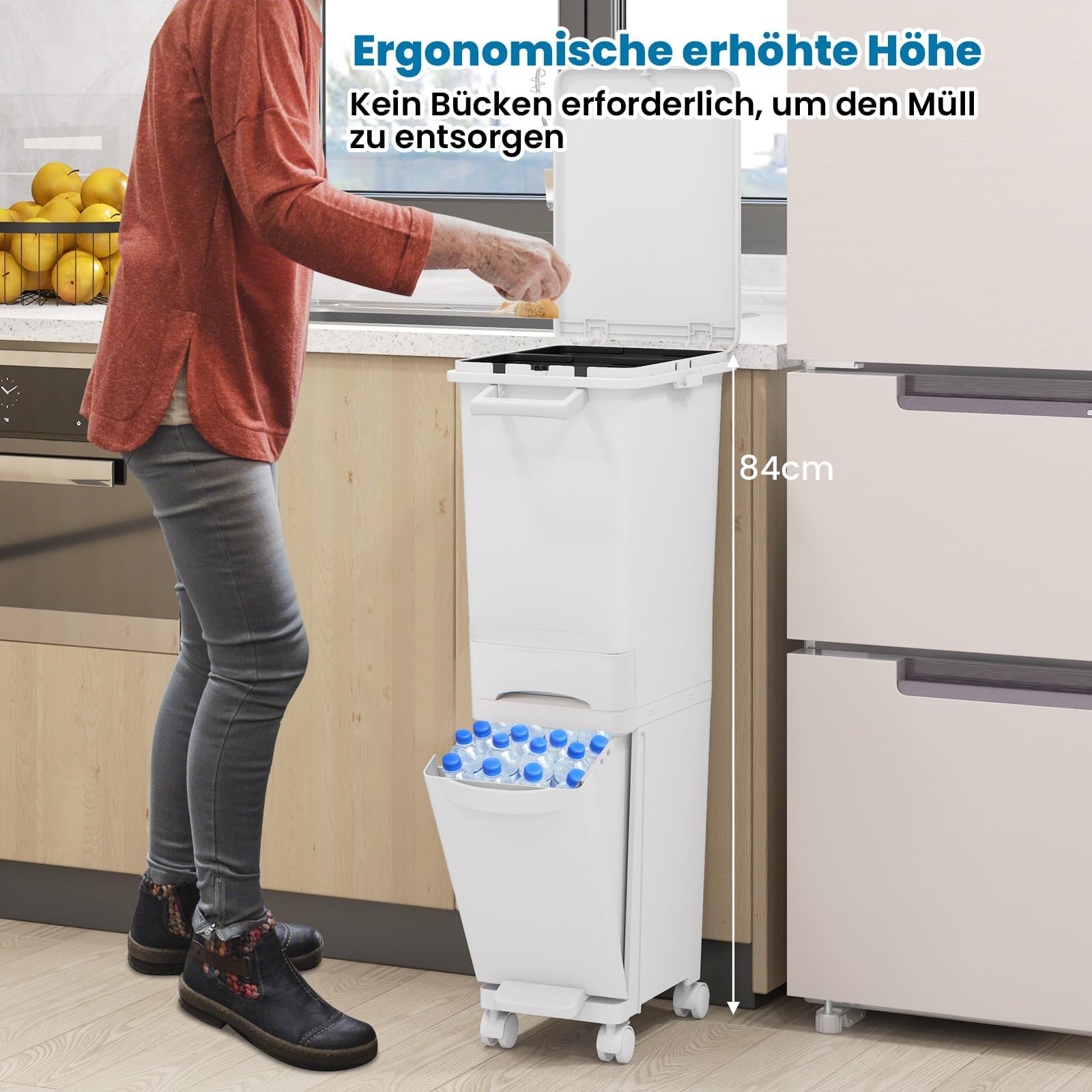 FANTASK 3 in 1 Mülleimer 32L auf Rädern, Abfalleimer Küche mit Kippbehälter & 2 Fächer, Schublade & Aufkleber,Tretabfalleimer mit Deckel & Abfalltrennsystem für Küche, Wohnzimmer