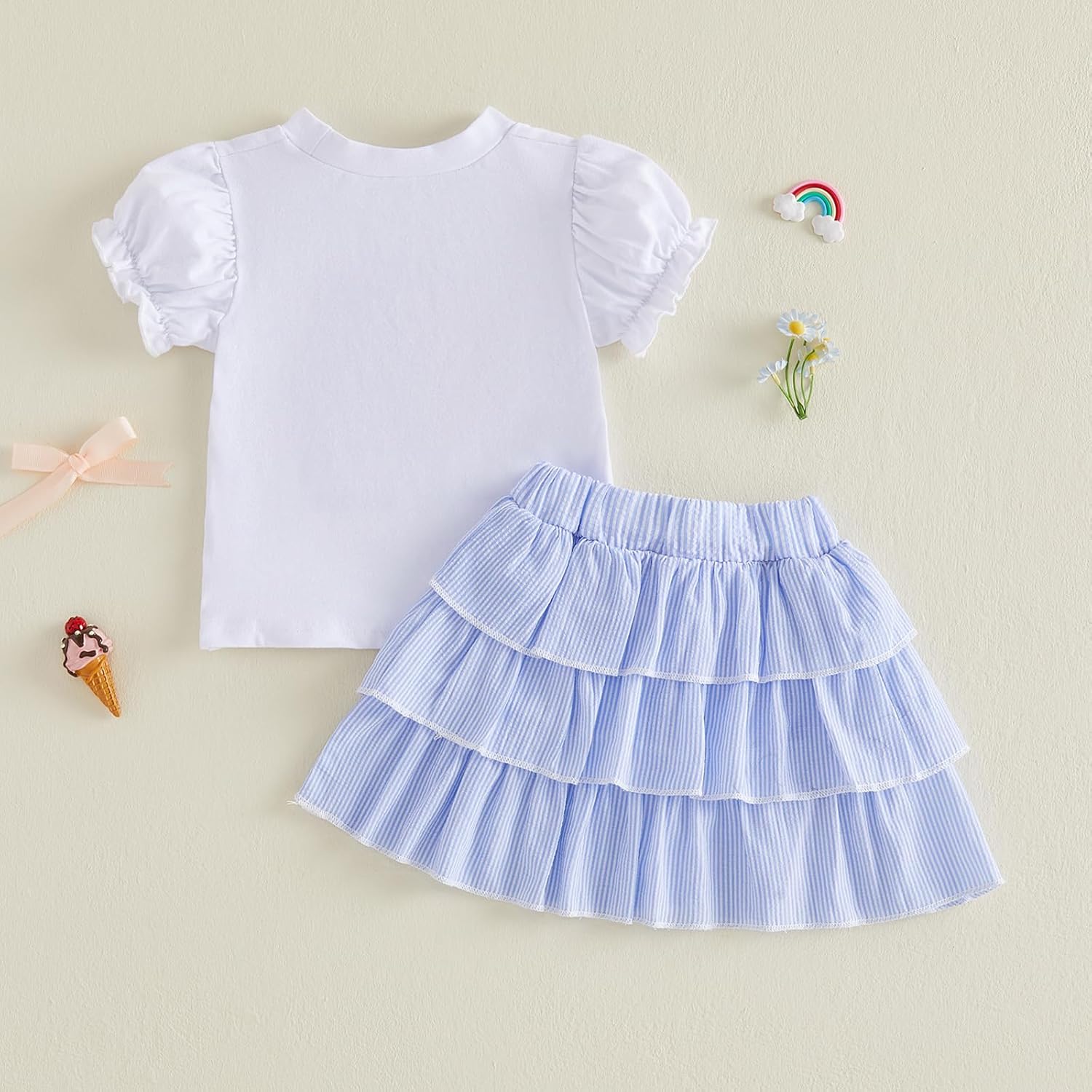 Toddler Baby Girl Summer Clothes Bow Castle T-Shirt & Striped Ruffle Skirt Set Infant Princess Cake Smash Outfit