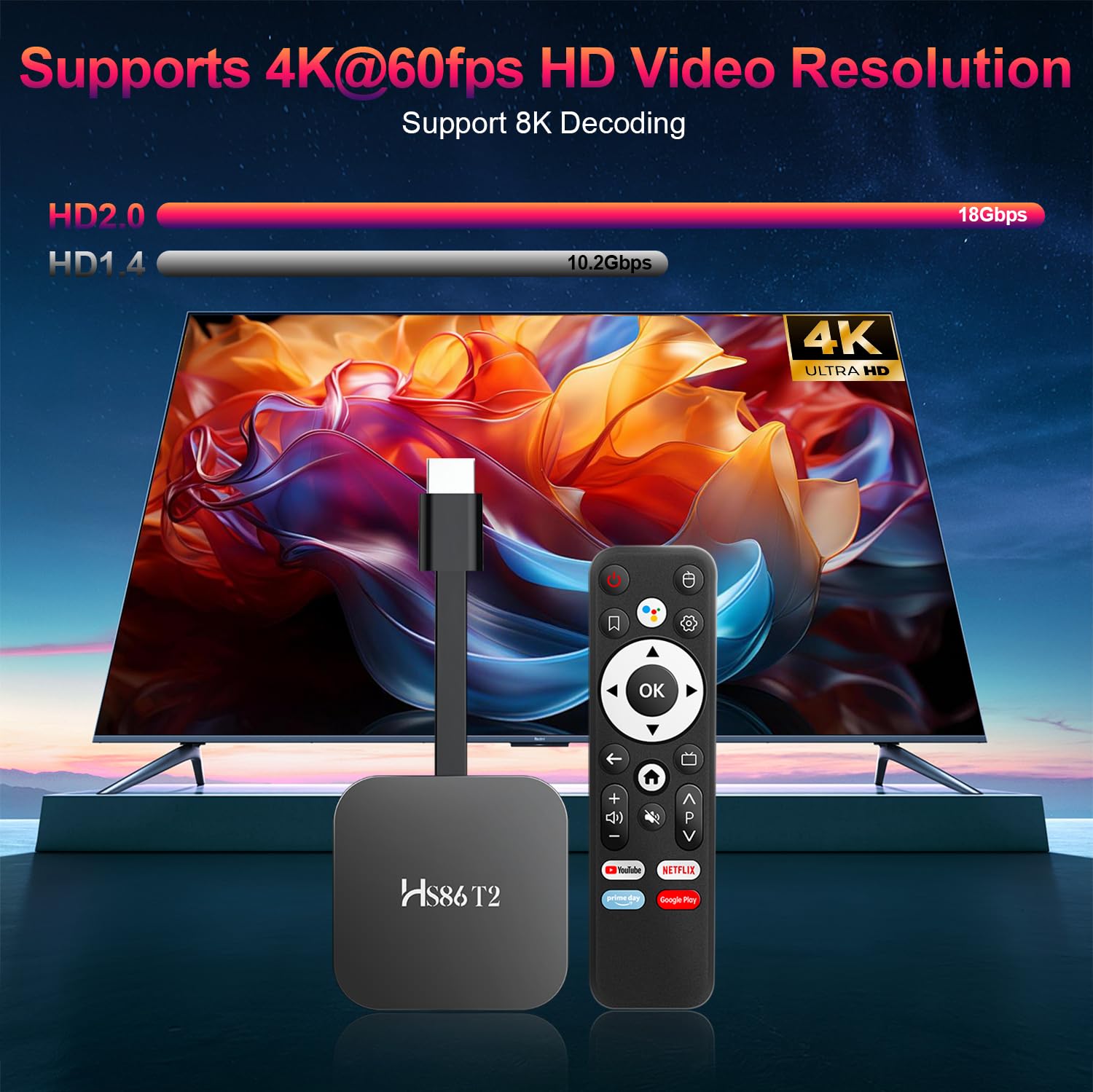 GREVA TV Stick Android 4K Ultra HD Streaming Appareil Dernier Android 14.0 TV Stick Box 2GB 16GB T2 - Black