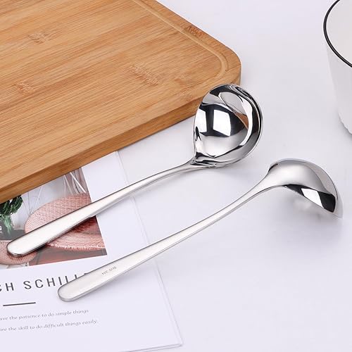 Miniatura 7 de Cucharón de sopa de acero inoxidable SUS304 de 2 onzas para servir, cucharón de salsa de 9.5 pulgadas (plateado) (juego de 2)