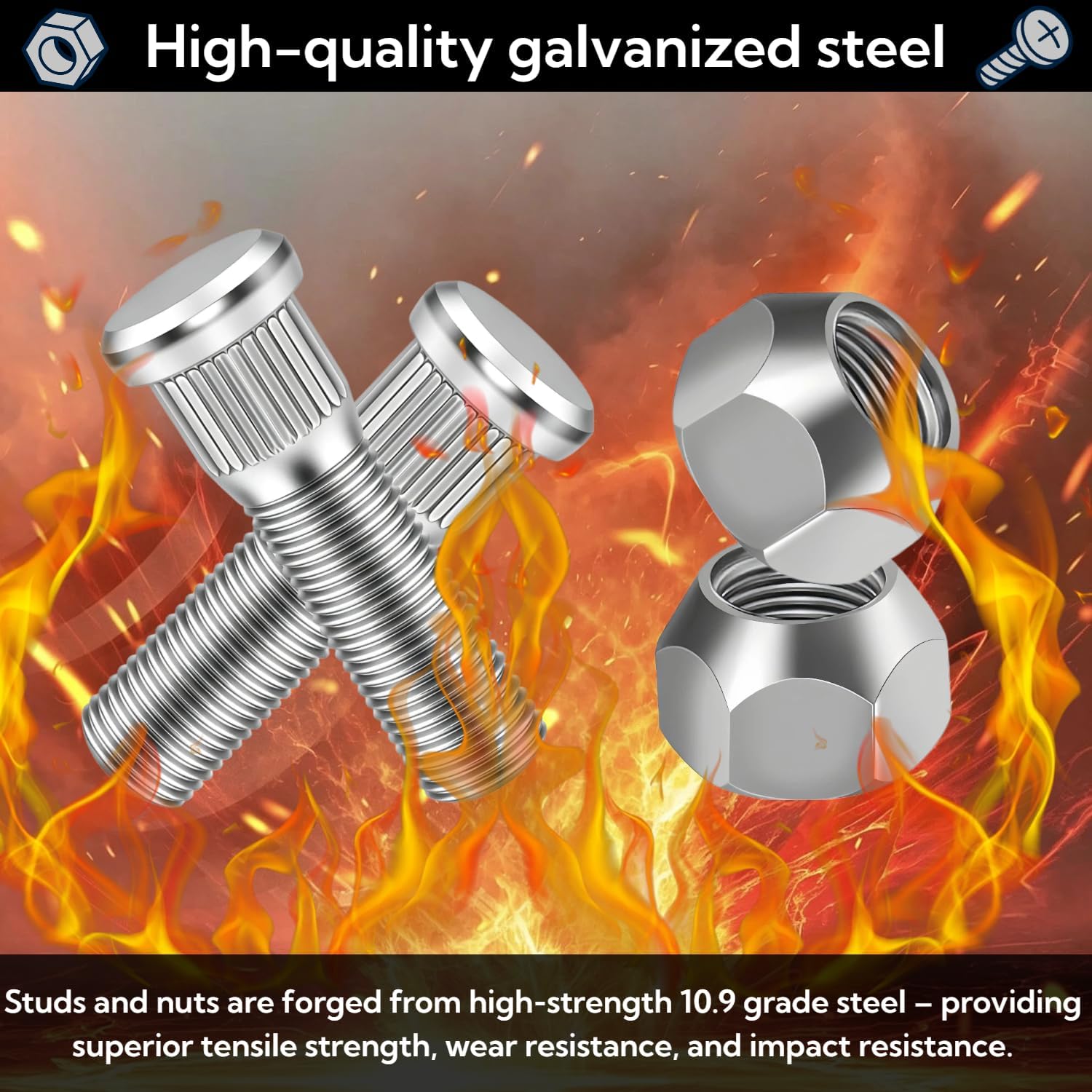 12 Sets 1/2"-20 Wheel Studs with Nuts – 10.9 Grade, 2.06" L, 0.57" Spline
