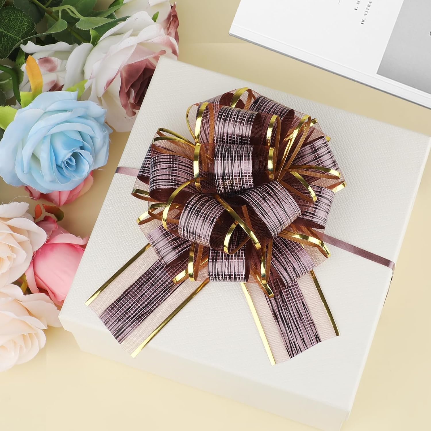 50Pcs 6 Inch Large Pull Bow Gift Wrapping Bows, Gold Ribbon Bow for Gift Wrapping, Wedding, Christmas, Valentine's Day Present Decoration Bow(Coffee Brown)