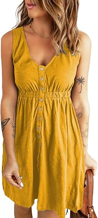 LINYUCHEN Women Casual Summer Dress - Sleeveless Button Down Dress Elastic Waist Swing Dresses - V Neck A Line Tank Dress