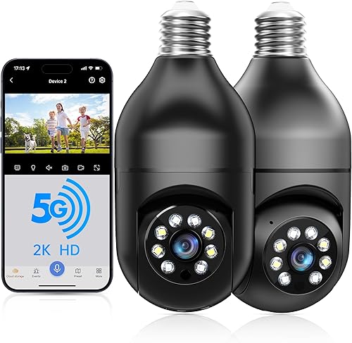 WESECUU Cámara de seguridad con bombilla - 5G y 2.4 GHz WiFi 2K cámaras de seguridad inalámbricas para exteriores detección de movimiento y alarma,