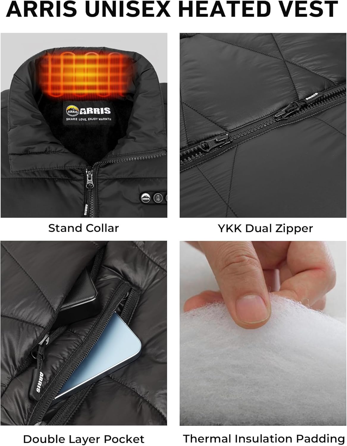 ARRIS 12V Heated Puffer Vest, Lightweight Electric Heating Vests Fleece Lining for Winter Work Hunting - Image 6