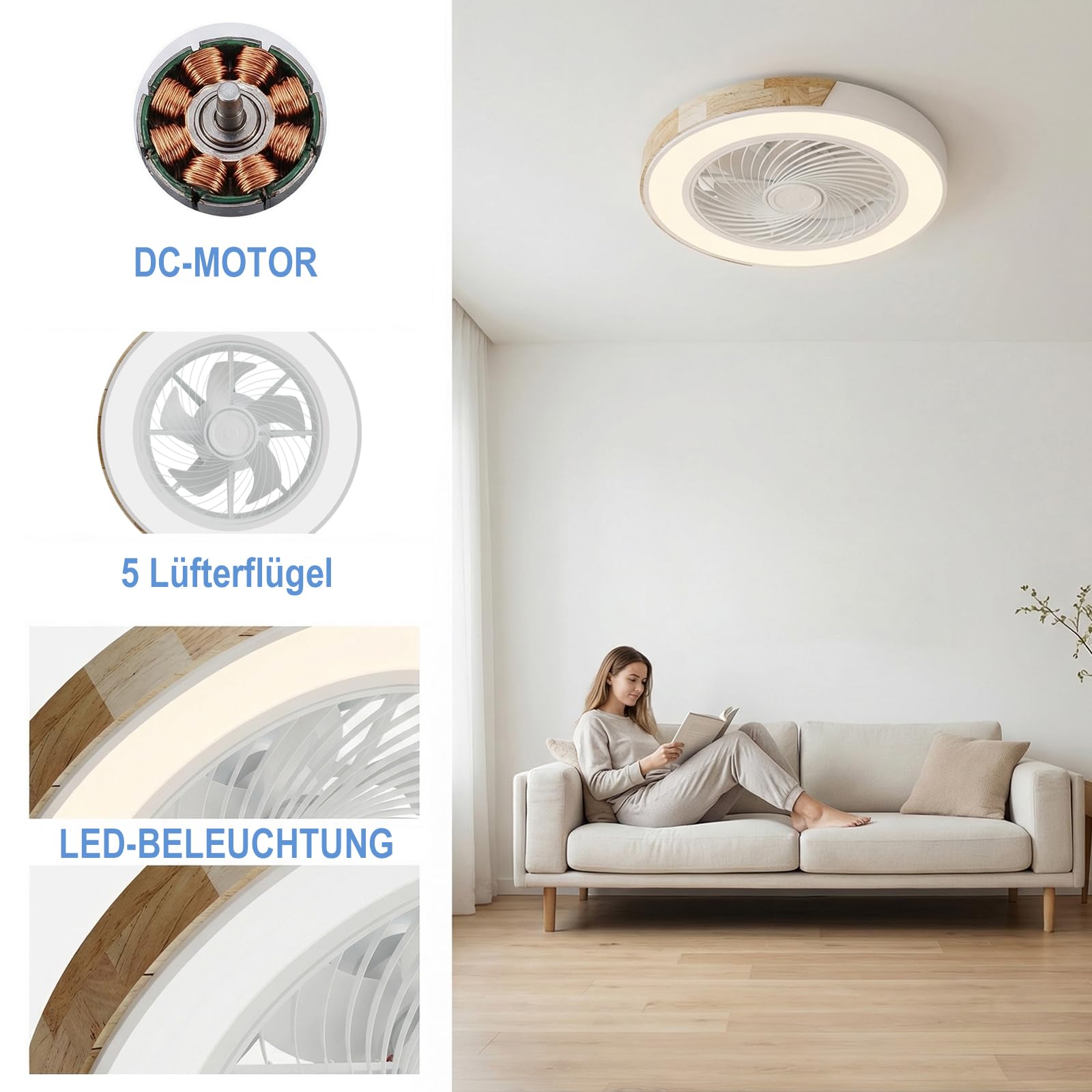 YuYe Deckenventilator Mit Beleuchtung, Ventilator Deckenleuchte, 3 Farbtemperatur und 6 Geschwindigkeiten LED- Deckenventilator mit Lampe Leise Dimmbar für Esszimmer Wohnzimmer Schlafzimme (B)