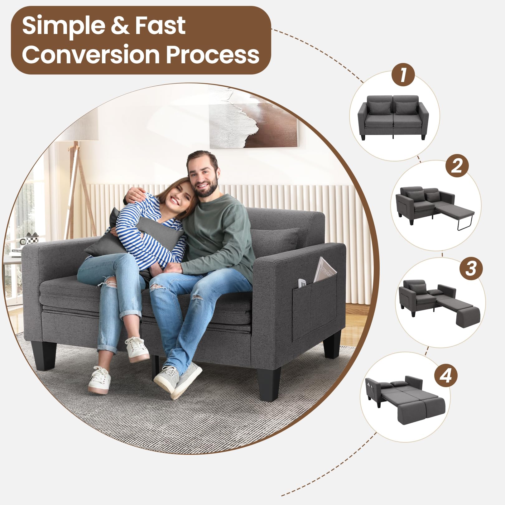 6-in-1 Convertible Sofa Bed, 58" Loveseat Sleeper Sofas, Gray | Pull Out Couch Bed with Removable Backrest, Storage Pockets and 2 Pillows, Modern Folding Linen Futon Couch for Small Spaces