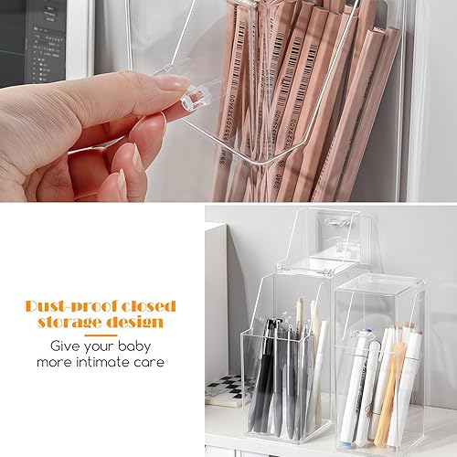 Miniatura 5 de SYBL Organizador cuadrado de acrílico para cepillos cosméticos con tapa a prueba de polvo, transparente, 3.5 x 3.5 x 8.3 pulgadas, 1 unidad,