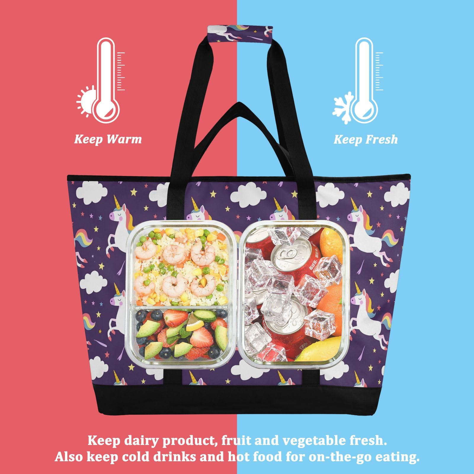 Cute Unicorns Purple Prints - Bolsa térmica térmica reutilizable con cremallera, bolsa térmica grande portátil para viajes o camping