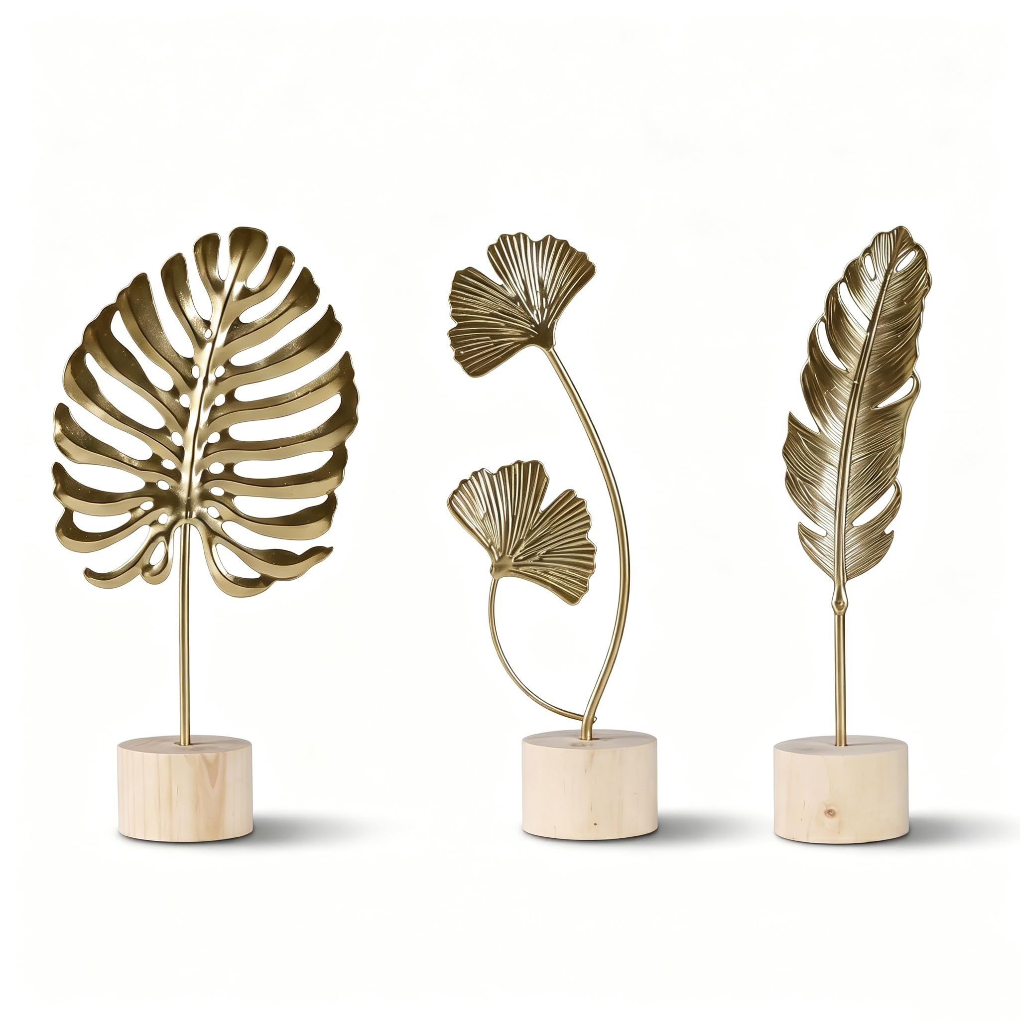 CavspkArt 3Pcs Gold Ginkgo Leaf Sculptures, Metal Leaf Ornaments with Wooden Base, Modern Home Decor for Living Room, Bedroom, Office, Shelf & Desk