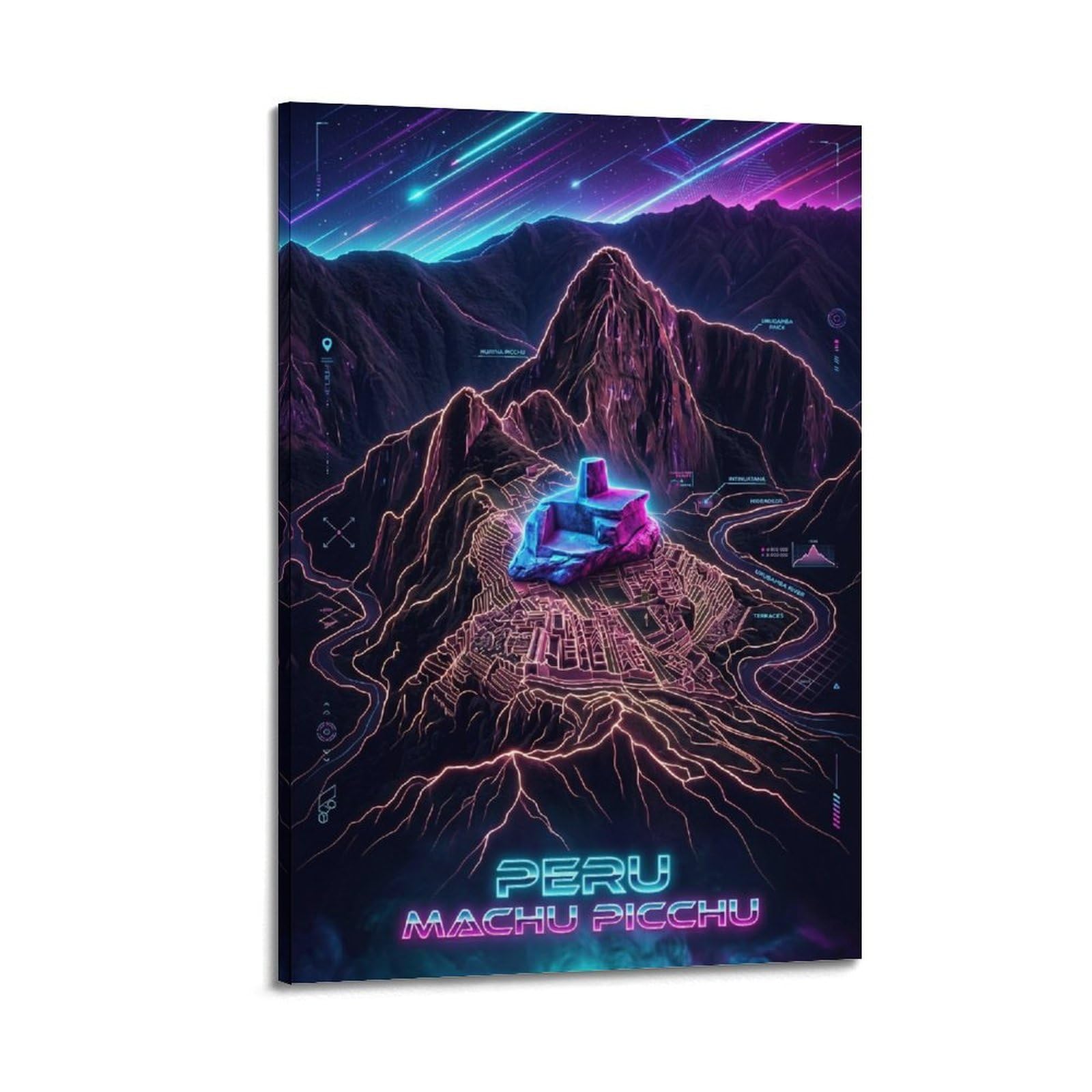 XKUGA Peru Machu Picchu 80s Neon Map Gamer Room Poster Modern Decorative Canvas Prints - Ideal Wall Art for Family, Man Cave, Game Room, Boys & Girls Bedroom 20x30inch(50x75cm)