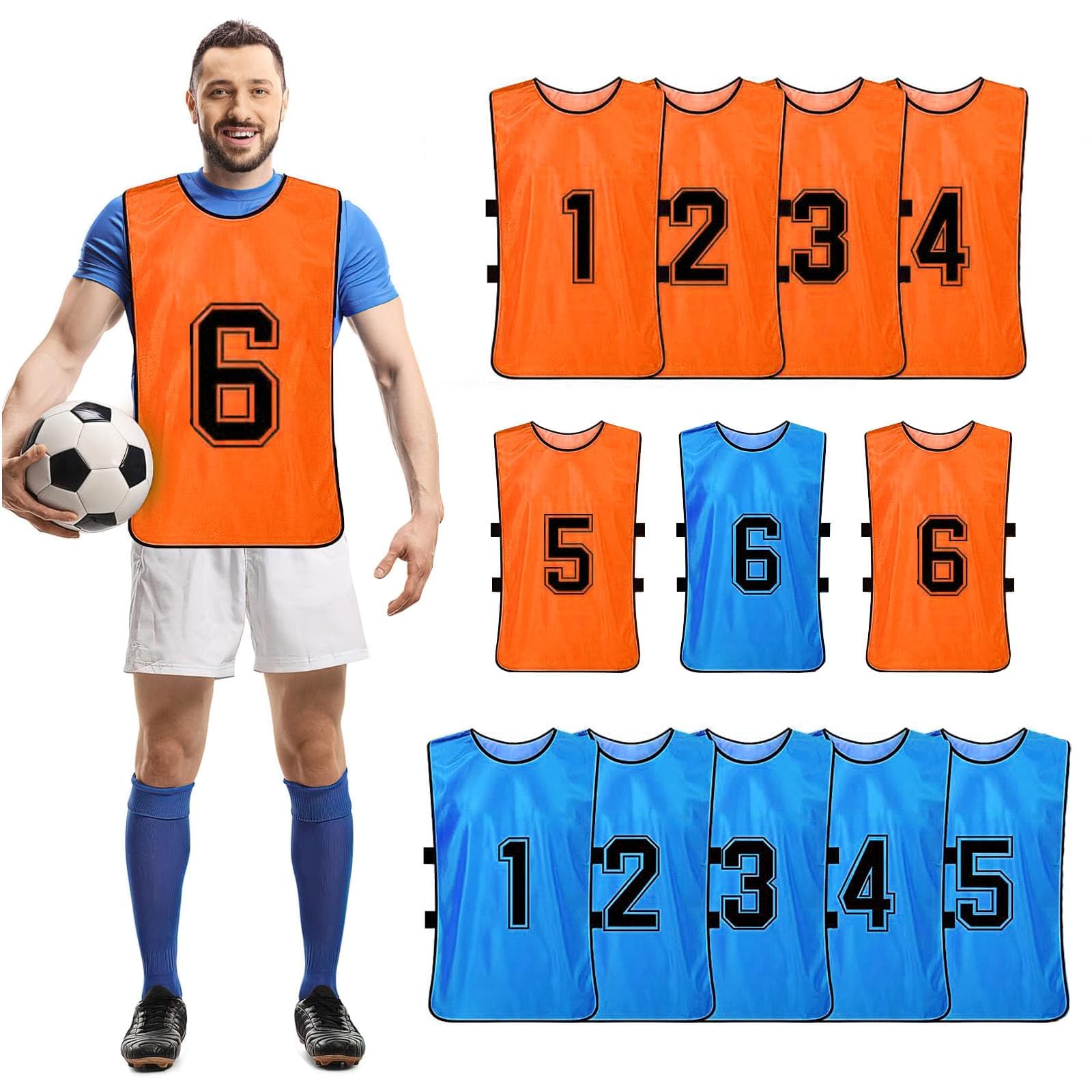 Lot de 12 Chasubles de Football Réversibles Numérotées pour Adultes – Gilets d’Entraînement Respirants pour Sports d’Équipe Foot Basket – Taille XL – Orange/Bleu