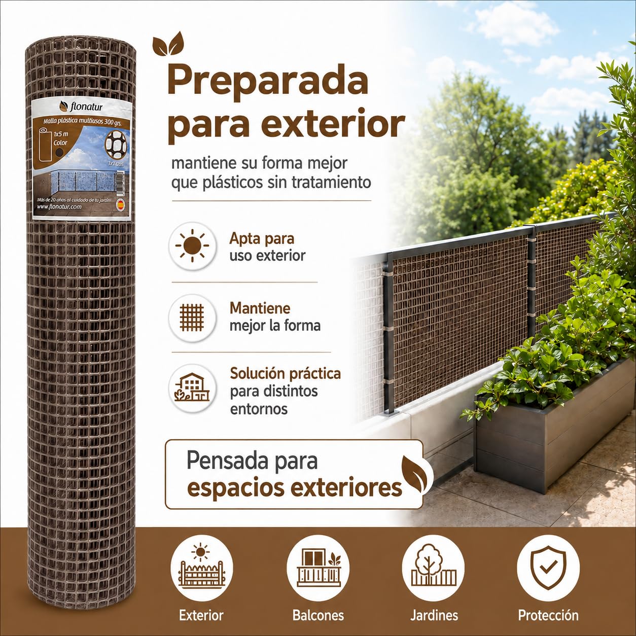 Malla de Plástico para Balcones y Terrazas 1x5m, Malla Rejilla Cerramientos de Color Marrón, Ancho del Cuadro 1x1 cms, Peso 300gr/m2