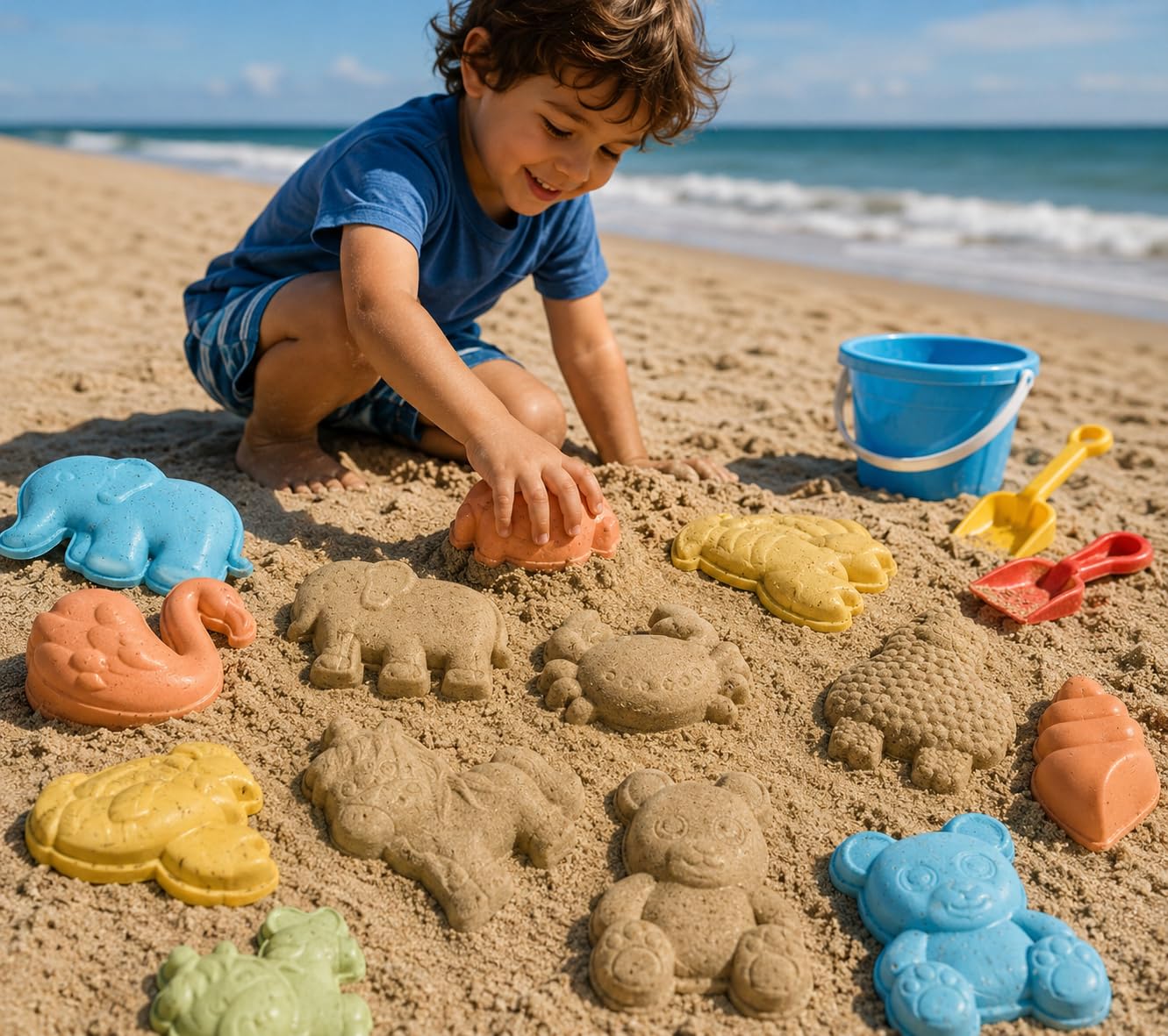 Zugar Land Juego de playa de molde de arena fósil de dinosaurio (3 dinosaurios amarillo, verde y azul) de plástico. Kit de 22 piezas de paelontólogo joven. en bolsa de malla. (2 juegos)