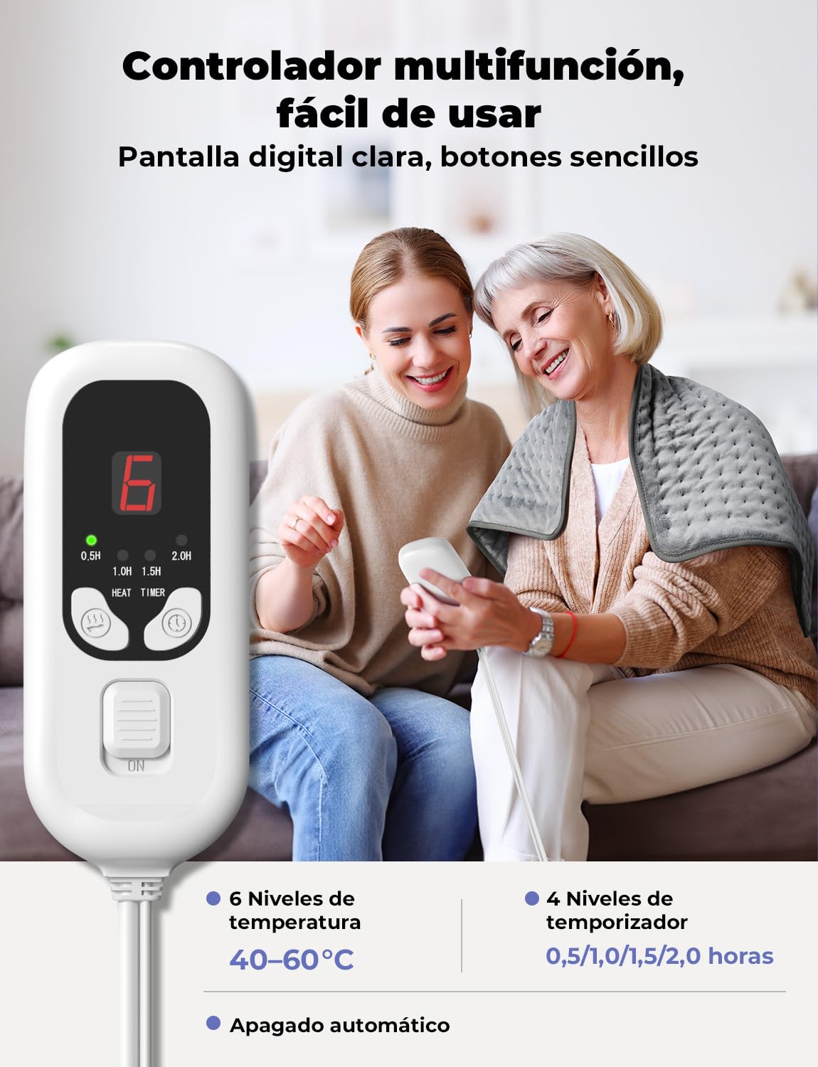 Manta Electrica 84x43 cm 6 Temperaturas 4 Configuraciones de Temporizador Calentamiento Rápido Lavable a Máquina Apagado Automático para Espalda Hombros Abdomen