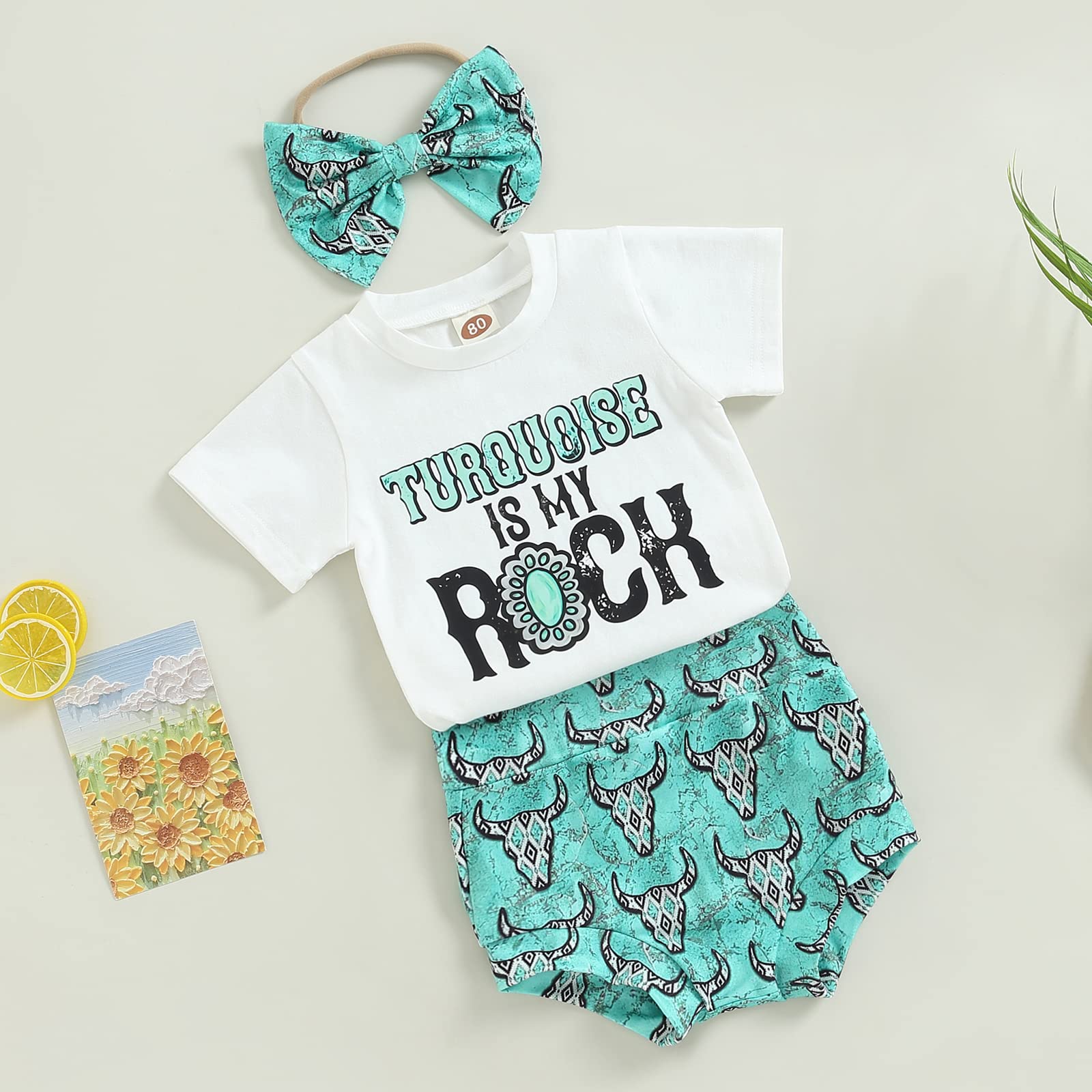 Western Baby Girl Clothes Boho Cow Print Short Sleeve T Shirt Top + Bloomer Shorts Set Infant Summer Outfits (B-Green, 12-18 Months)