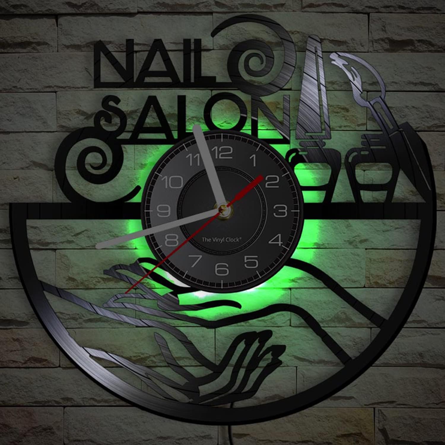 12'' Nail Salon LED Vinyl Record Wall Clock with 7 Colors Changing for Beauty Nail Salon Wall Decor, Decorative Window Sign Silent Quartz Hanging Night Light Wall Clock Watch Gift for Girls