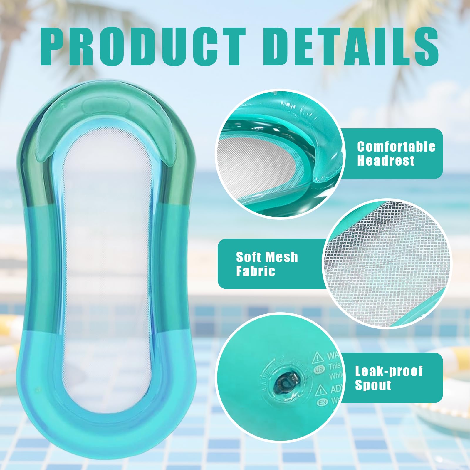 Matelas à air avec appui-tête 150x75 cm, radeaux de piscine, matelas de piscine gonflable, transat de nage 2-en-1, chaise longue de détente pour adultes, hamac aquatique, accessoires de piscine