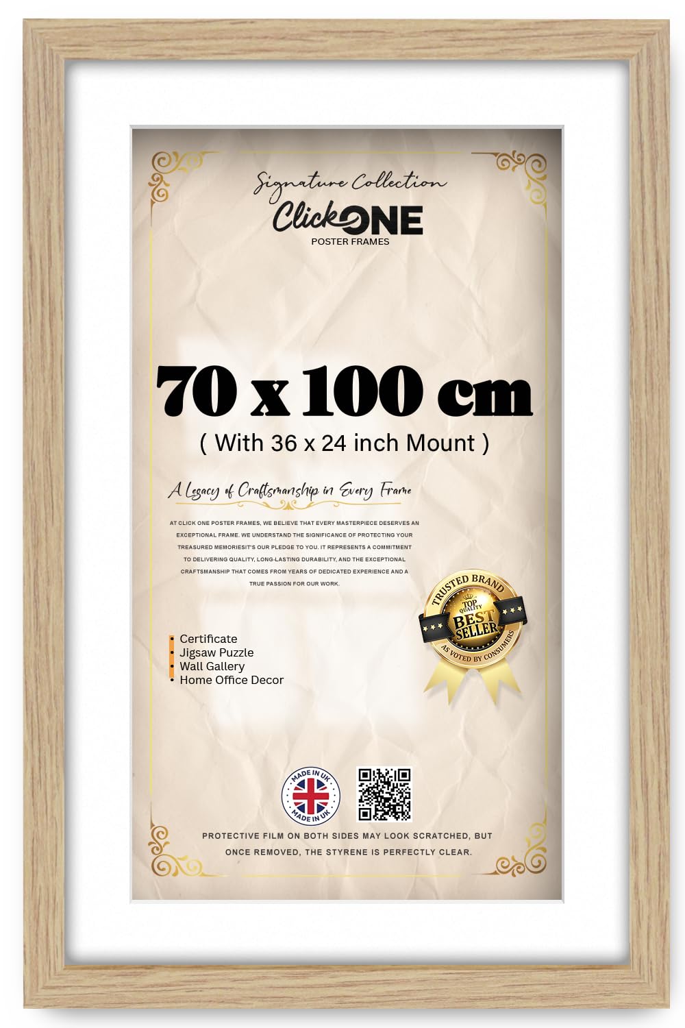 Click One Oak 70 X 100 Cm Poster Frame With 91.44 X 60.96 Cm White Mount Solid Surround With Mdf Backboard Acrylic Front And Wall Hanging Hardware For Poster Document Print Gallery Home