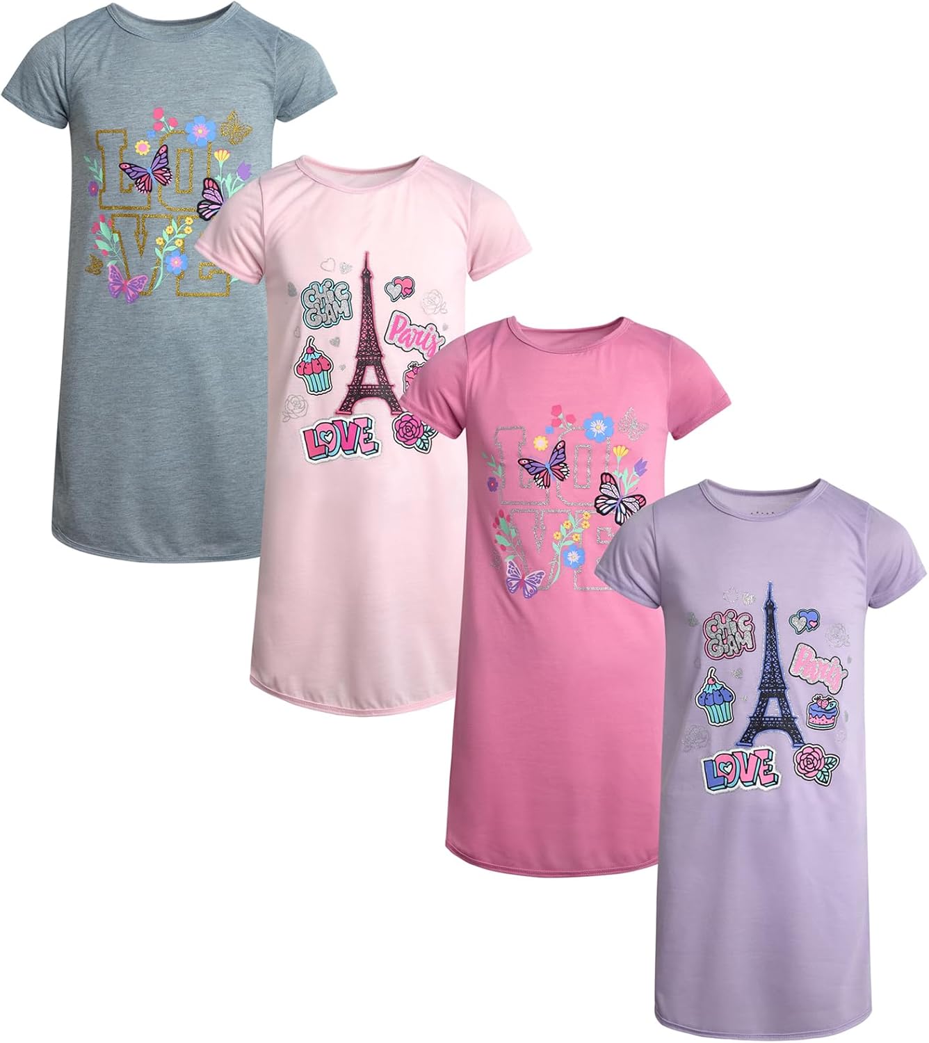 Sweet & Sassy Girls Nightgowns - 4 Pack Short Sleeve Night Gown Sleepwear Pajama Dress for Kids (Size: 4-14)