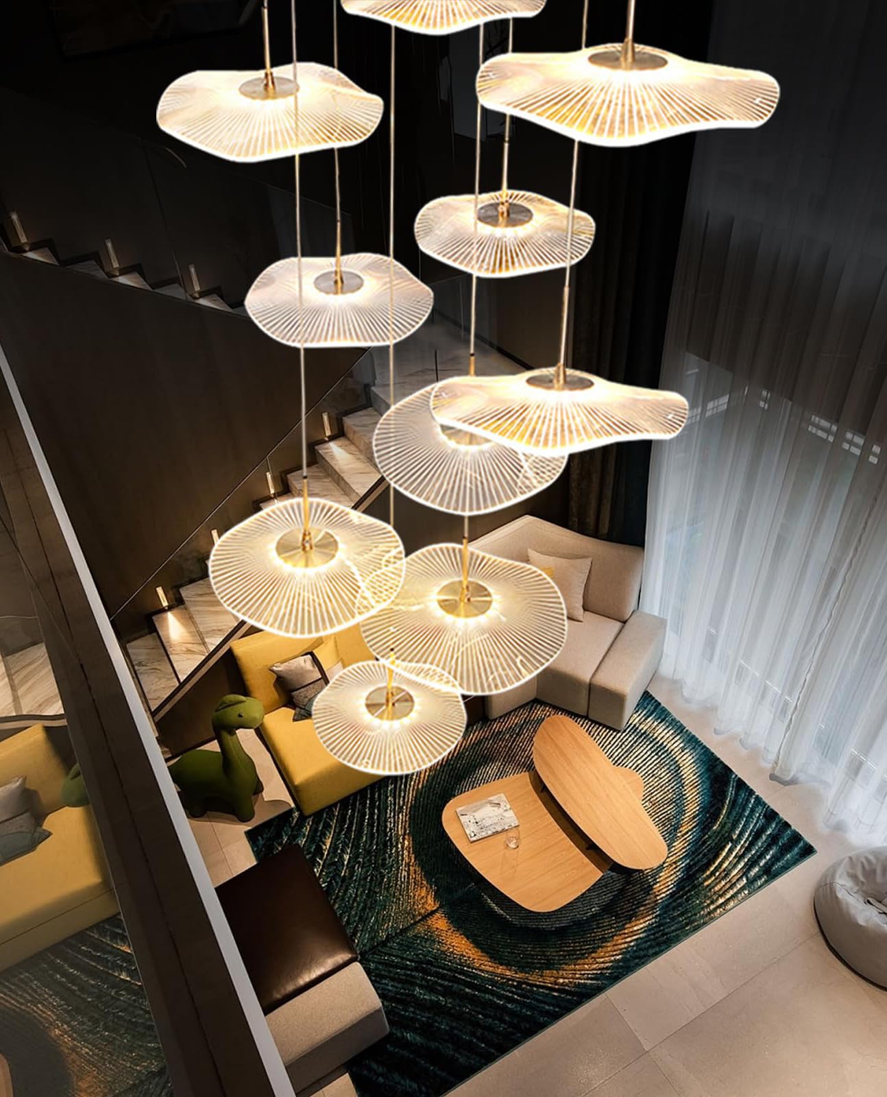 Nowoczesny styl żyrandol w kształcie lotosu, modna mała dwupoziomowa rezydencja salon oprawa oświetleniowa, luksusowy apartament na najwyższym piętrze, willa, wpuszczone schody, lampa