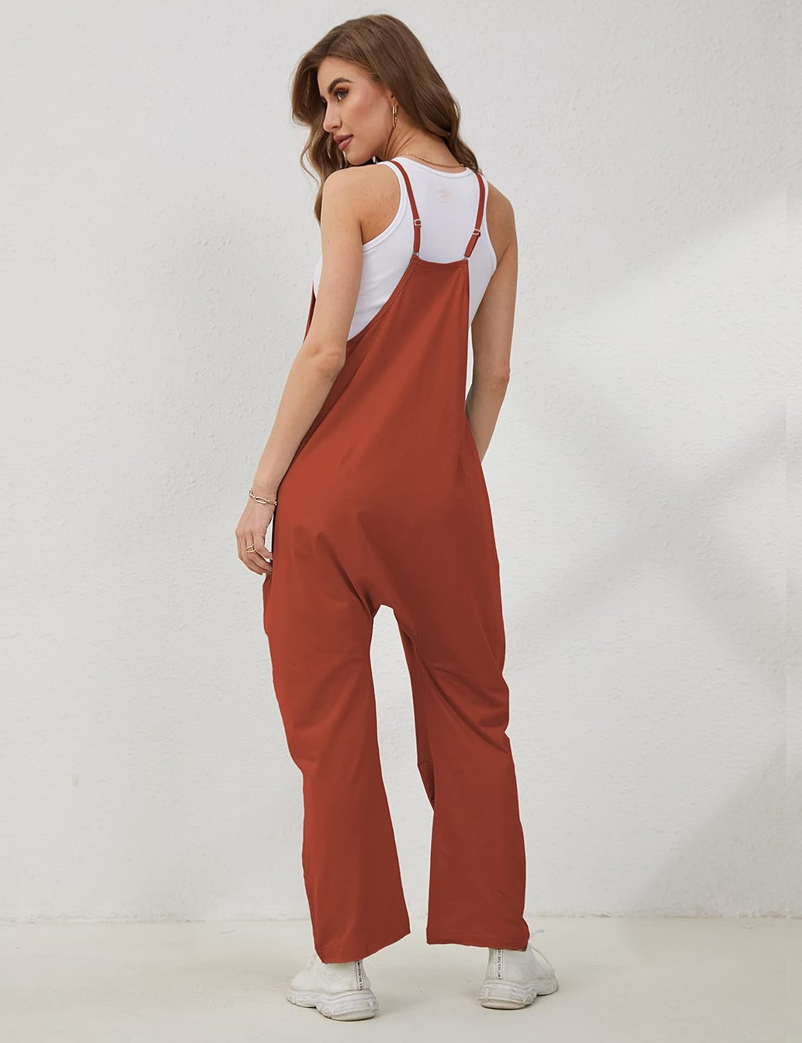 Lentta Women's Causal Jumpsuits V Neck Sleeveless Harem Overalls Stretchy Adjustable Strap Romper with Pockets - Image 5