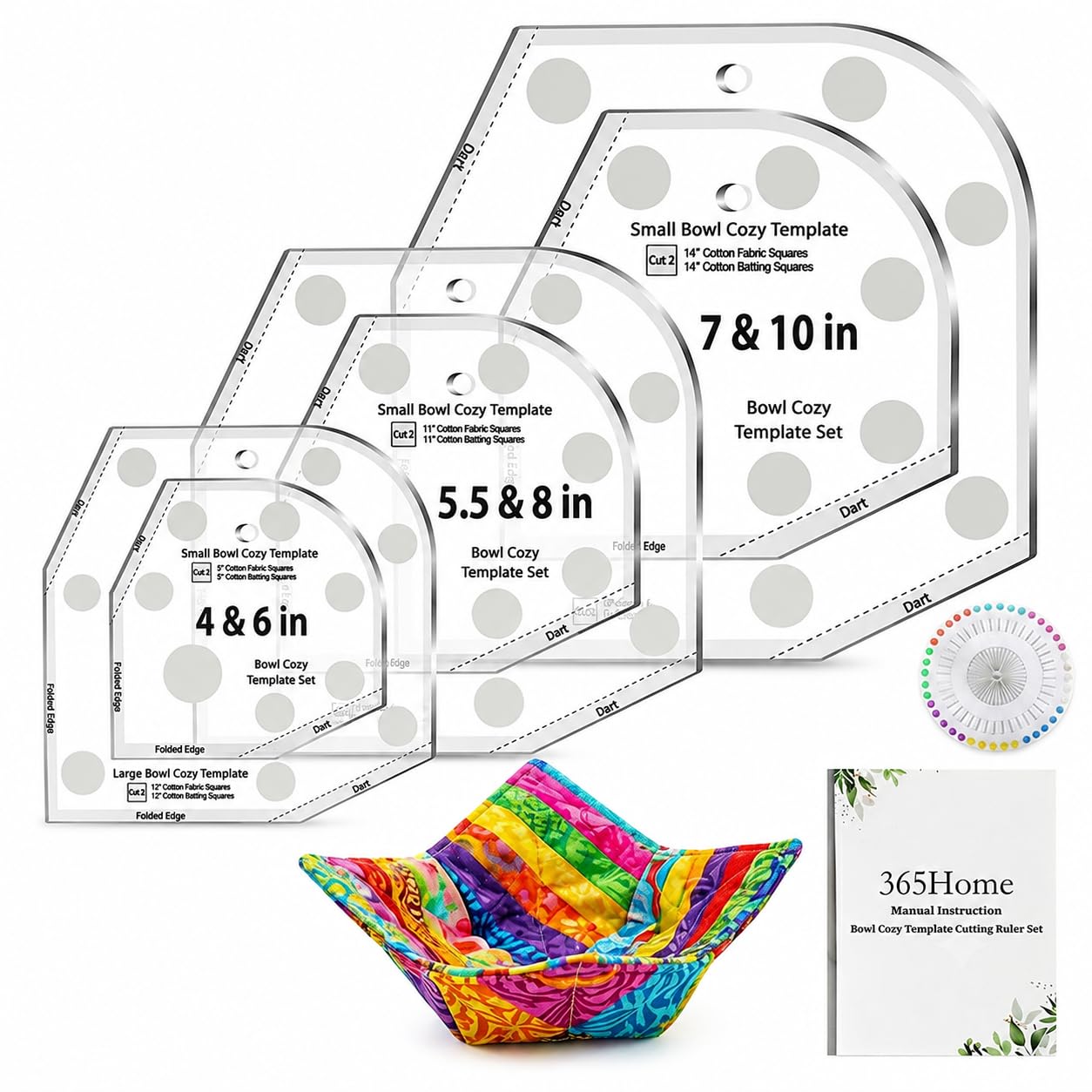 Bowl Cozy Template Set 3 Sizes, Acrylic Transparent Quilting Bowl Cozies Pattern Templates for Hot and Cold Food Bowl Rack with Pins and Manual Instruction