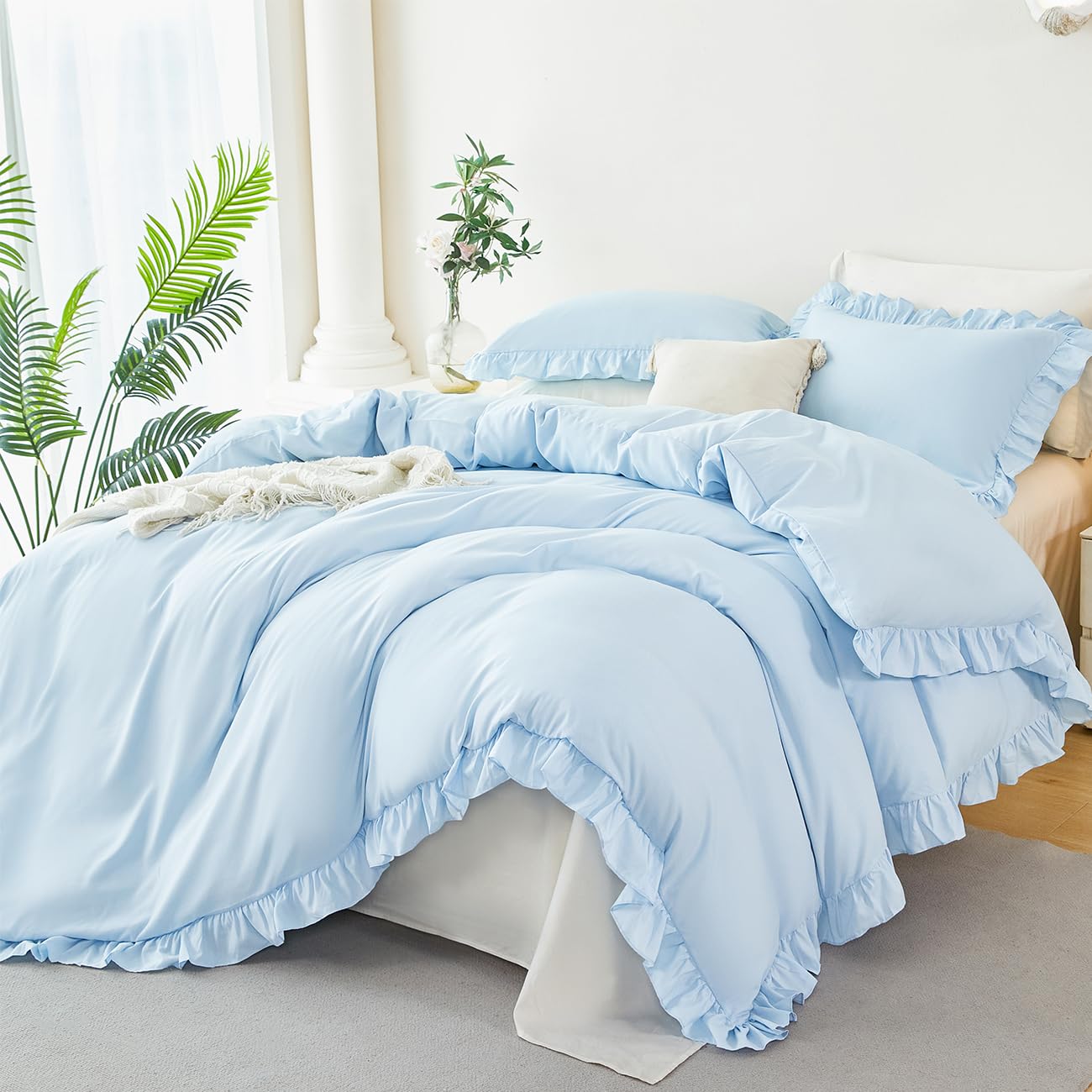 STYHO Light Blue Bedding Sets Double Size 3 Pieces Ruffle Frills Duvet Cover with Pillowcases Soft Luxury Boho Vintage Plain Duvet Set with Zipper Closure, 200x200cm(Light Blue, Double)