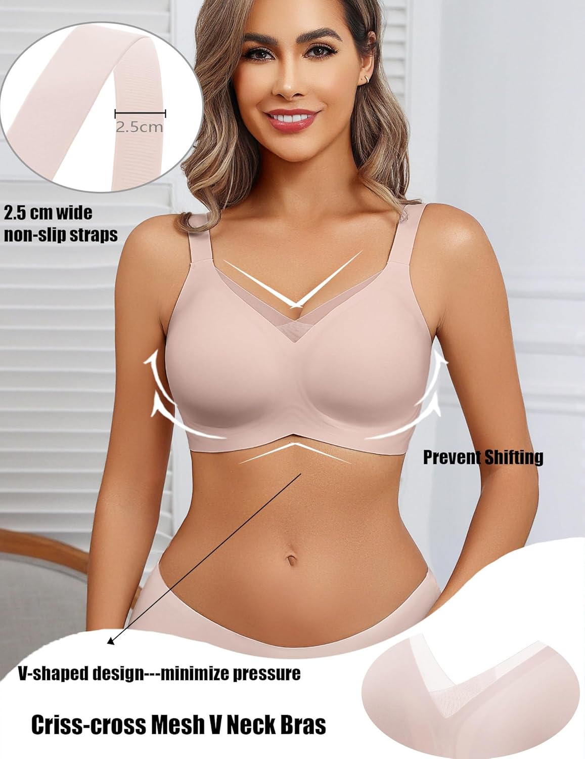 Avidlove Womens Seamless Bras No Underwire V Mesh Comfort Bralette Full Coverage Push Up Everyday T-Shirt Bra - Image 2