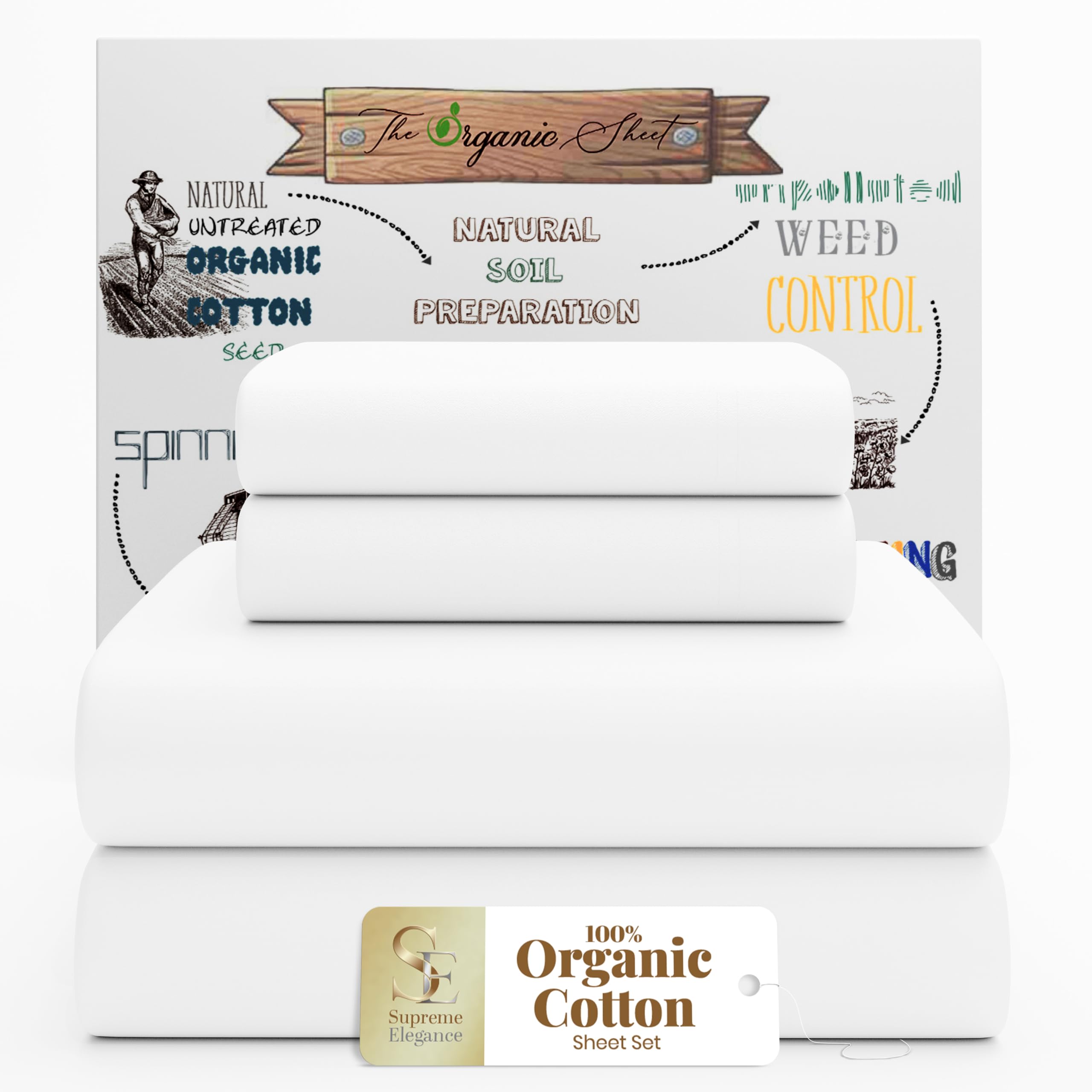 SUPREME ELEGANCE 4Pc 100% Organic Cotton Queen Sheets Set