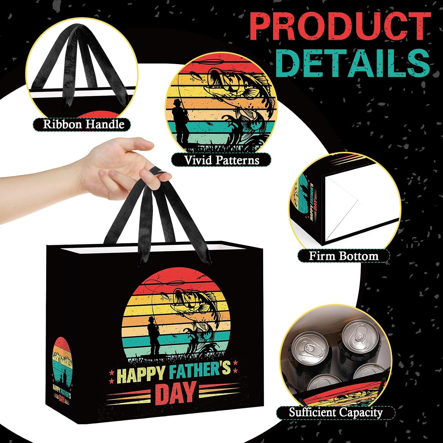 Happy Father’s Day Gift Bag Retro Bass Fishing Father Wrapping Paper Bag with Tissue Paper and Greeting Card Black Fathers Day Party Decor Gifts for Men Dad Husband Grandpa Stepdad Fisherman