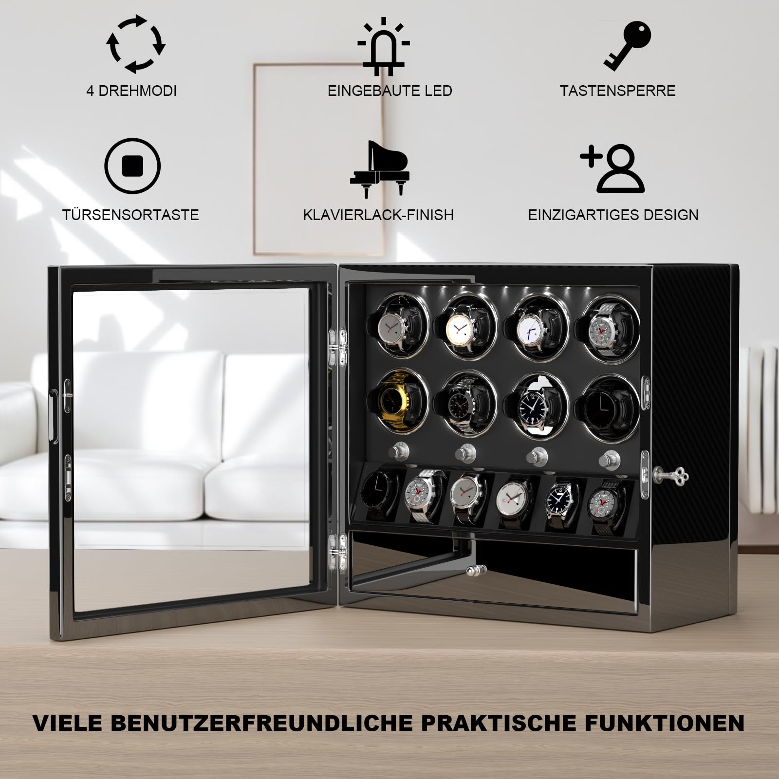 XTELARY Uhrenbeweger,Abschließbarer Uhrenbeweger für 2/4/6/8 mit 4 Rotationsmodi, Speicherplätzen,Aufbewahrungsschublade, Weißes LED-Licht Superleiser Motor und Federuhrkissen für Herren und Damen