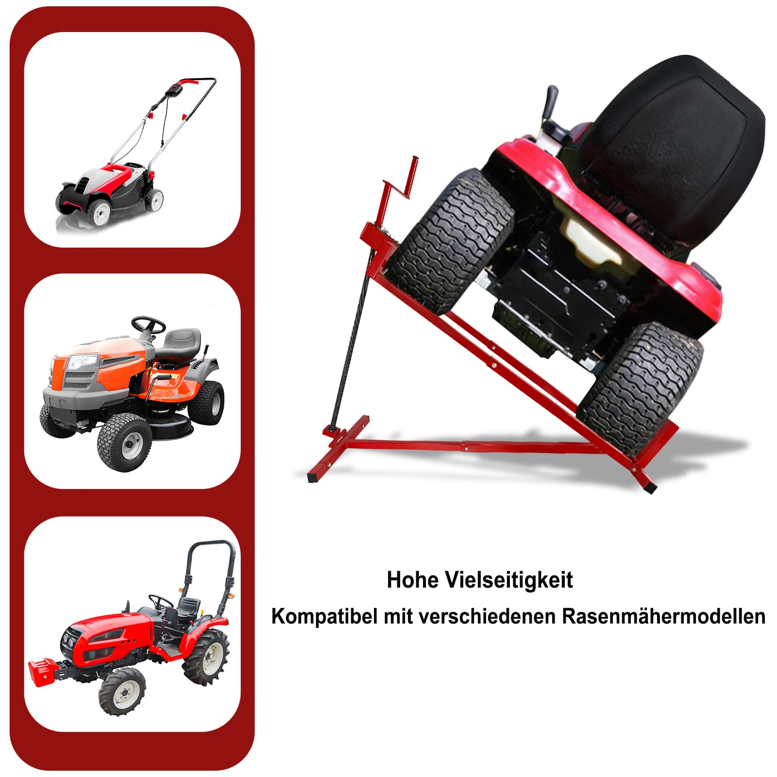UISEBRT Rasentraktor Hebevorrichtung Rasenmäherheber Hebebühne Reinigungshilfe, Rasenmäher Jack Teleskop Rasentraktorheber Aufsitzmäher, bis max 400 kg, Rot