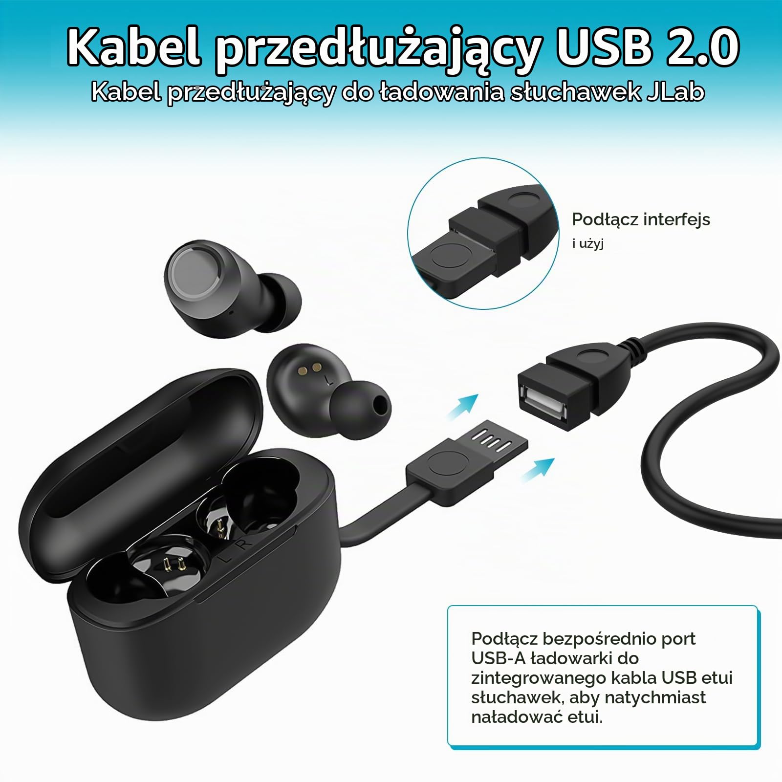 Kabel USB do ładowania JLab Go Ai Pop/Sport, JLab Epic Air ANC/Sport ANC, JLab JBuds Air/Sport/Executive/ANC/Play Gaming/Pro Wireless Bluetooth etui do ładowania
