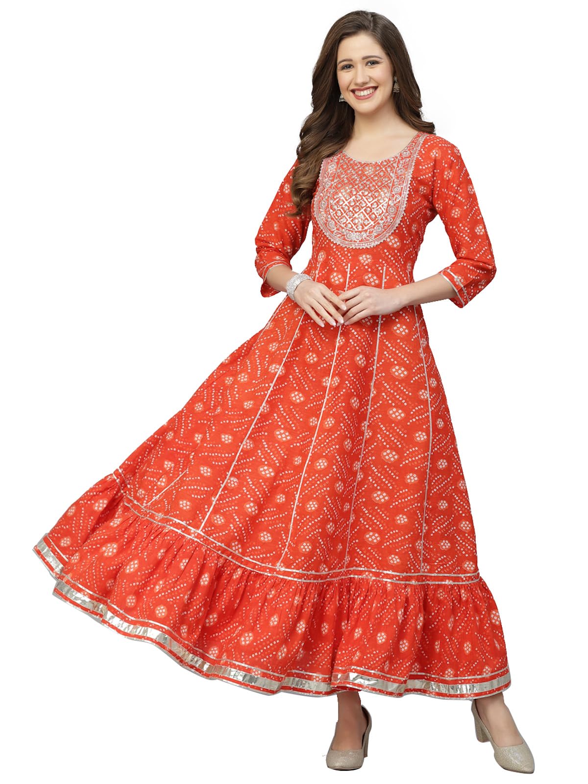 StylumWomen's Bandhani Printed & Embroidered Cotton Anarkali Kurta (ORANGERUMMY_Orange)