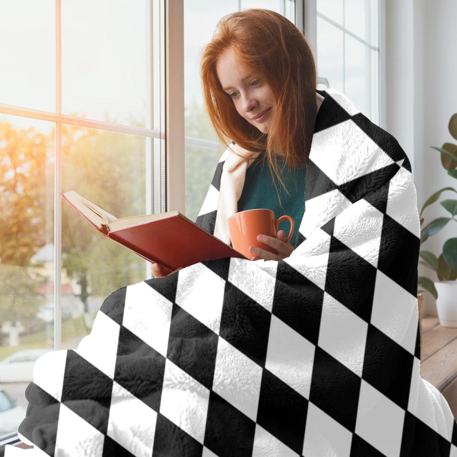 Coperta in pile con motivo tribale bianco e nero (10) per divano, divano o letto, accoglienti coperte morbide