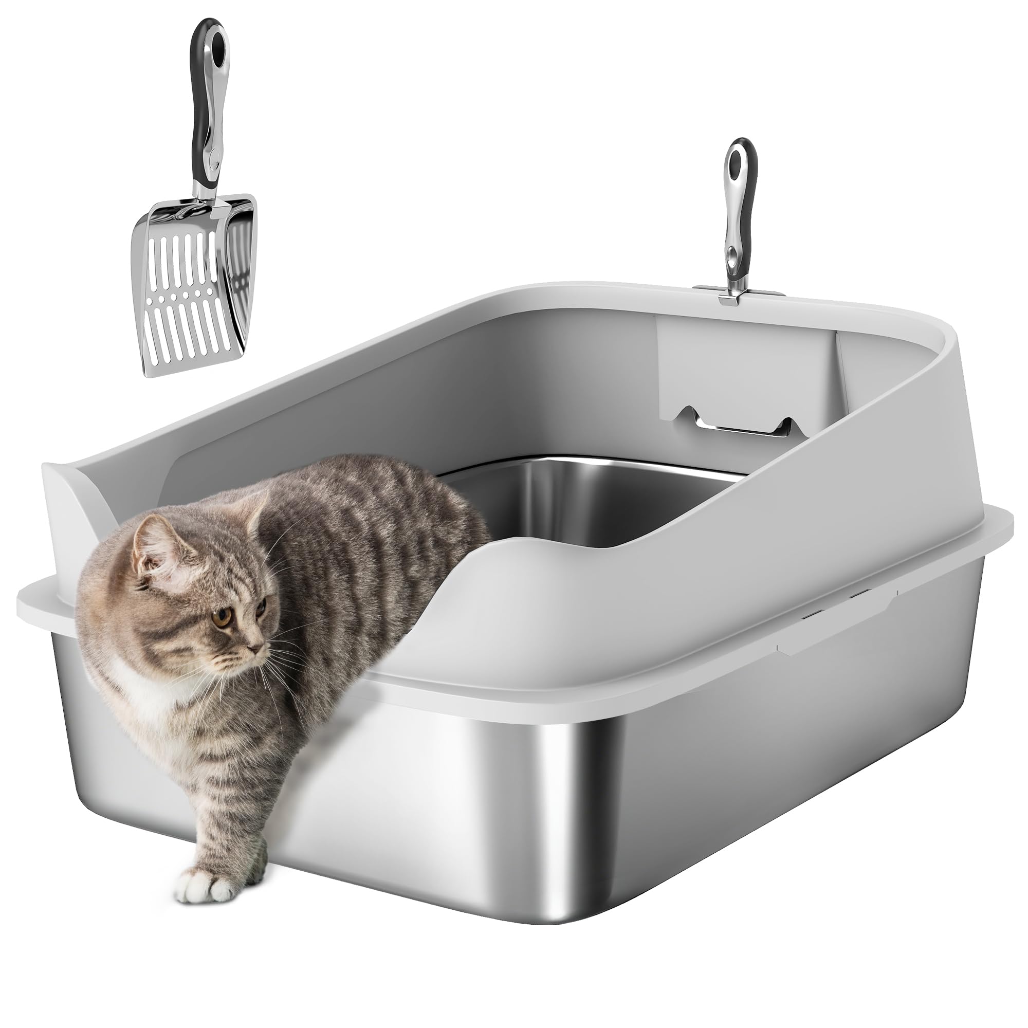 PawHut Arenero para Gatos de Acero Inoxidable XXL, Caja de Arena para Gatos, Arenero con Borde Alto, Pala Metálica, Fácil de Limpiar, Prueba de Fugas, 69,8x50,3x29,8 cm, Gris