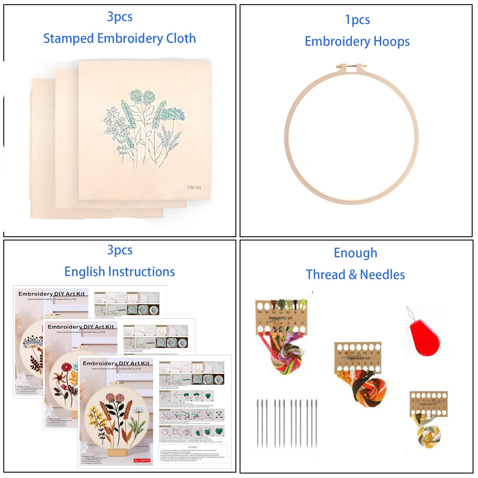 Kit Ricamo Per Principianti - 3 Disegni Di Fiori Con Cerchio, Filo E Ago - Foto 6