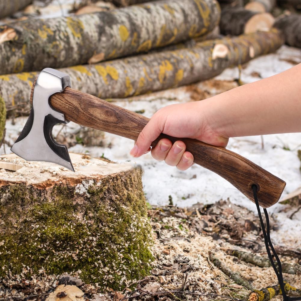 Ascia da Campeggio, Accetta Compatta Bushcraft con Fodero in Pelle e Pietra per Affilare per Sopravvivenza All'aperto Giardinaggio Intaglio del Legno, Manico in Legno