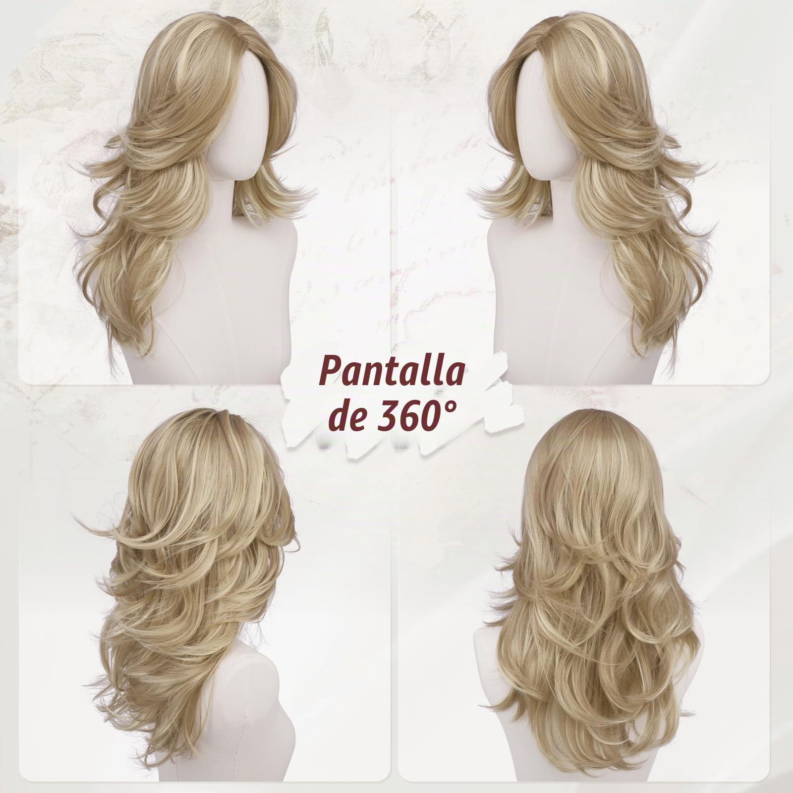 FESHFEN Peluca Largas Onduladas para Mujeres Natural Layered Pelucas de Pelo Sintética Resistente Wig para Uso Diario en Fiestas Cosplay, 50 cm Reflejos Rubio
