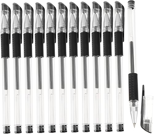 12 bolígrafos de tinta de gel de punta fina de 0.020 in, color negro, escritura suave para oficina, escuela, hogar, diseño ergonómico, agarre cómodo