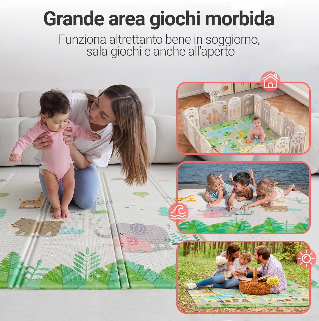 MIKMEL Tappetino da gioco per bambini (Strade/Animali, Grande)